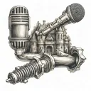 microphone and castle surrounded tattoo design idea
