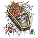 Coffin with the on eye lid, Rose, spider web, blood droplets tattoo design idea