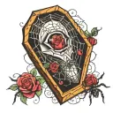 Coffin with the on eye lid, Rose, spider web, blood droplets tattoo design idea