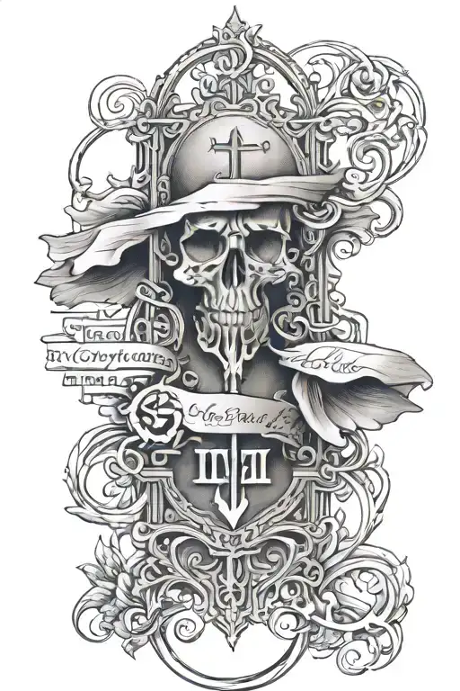 A detailed forearm tattoo design with a strong biblical theme, featuring elegant black-and-gray script as the central fo tattoo design idea