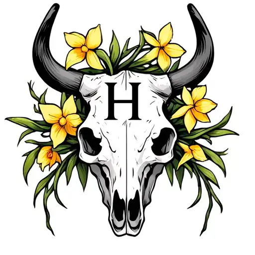 A weathered cow skull with vines wrapped around it with daffodil flowers. Add a capital H with a horizontal bar above it tattoo design idea
