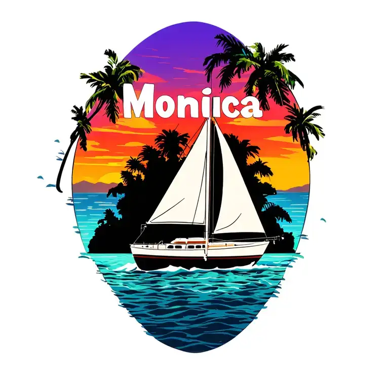 "Monica" white sailboat, background vibrant sunrise, small island palm background.  Bright colors no border tattoo design idea