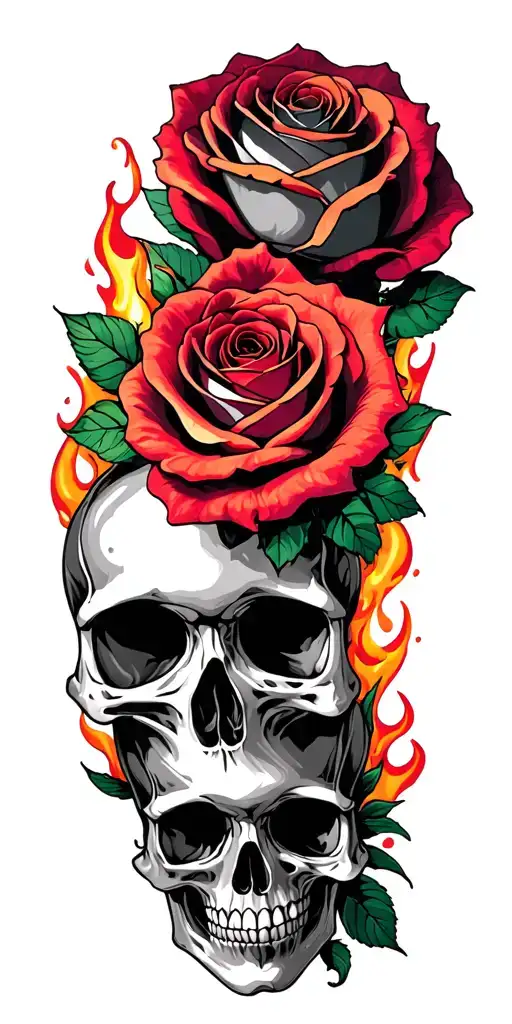 roses skulls fire tattoo design idea