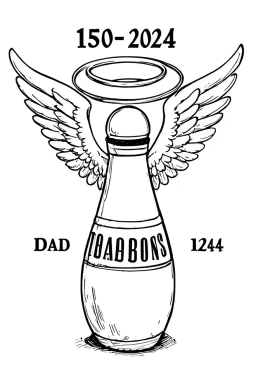 "Dad 1950-2024" bowling pin with halo and wings tattoo design idea