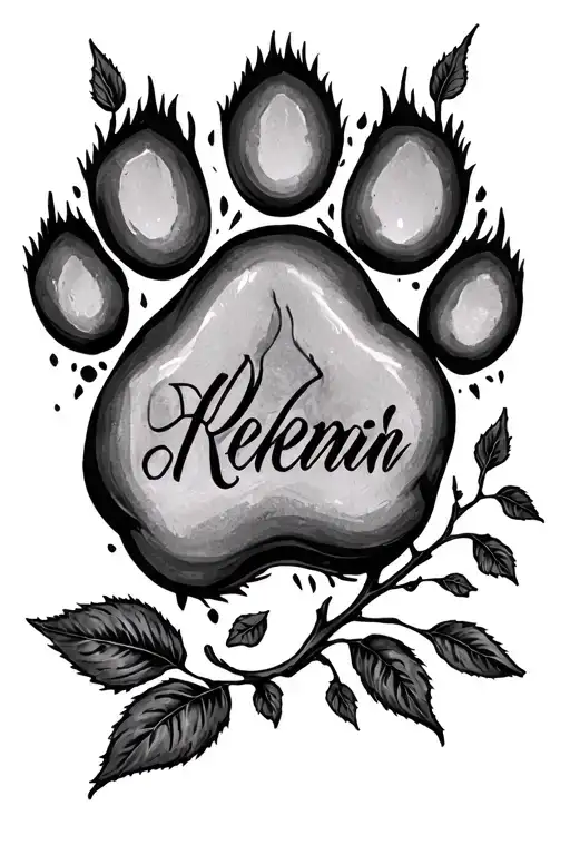 rose stem name written paw print surrounded tattoo design idea