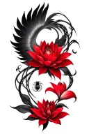 multiple fine line lotus and red Lilly spider flowers intertwined and phoenix intertwined  tattoo design idea