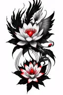 multiple fine line lotus and red Lilly spider flowers intertwined and phoenix intertwined  tattoo design idea