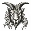 frontal of black goat looking straight menacingly, with 4 horns wearing a veil tattoo design idea