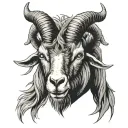 frontal of black goat looking straight menacingly, with 4 horns wearing a veil tattoo design idea