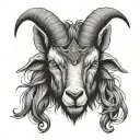 frontal of black goat looking straight menacingly, with 4 horns wearing a veil tattoo design idea