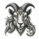 frontal of black goat looking straight menacingly, with 4 horns wearing a veil tattoo design idea
