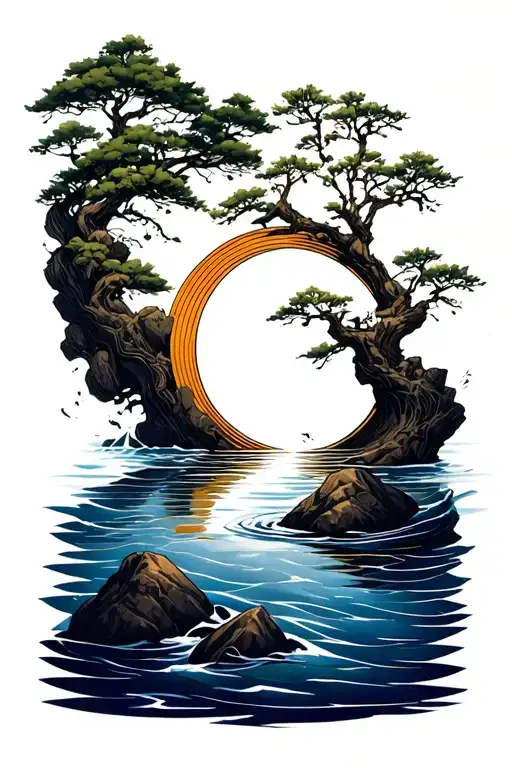 water wrapping forearm with an open enso circle around the point of the elbow rocks through the water and a sparse tree tattoo design idea