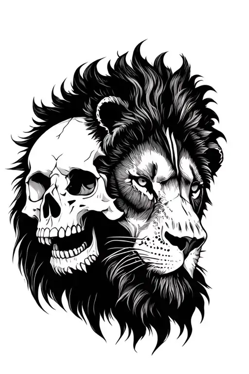 lion face half skull half lion face tattoo design idea