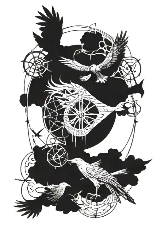 morpheus from Sandman + crows flying around + vegvisir viking symbol above tattoo design idea
