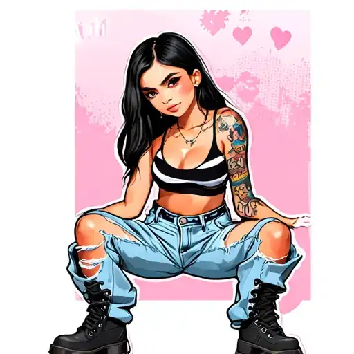 caricature girl wearing light denim baggy ripped pants with combat boots. also wearing stripped black and white crop top tattoo design idea