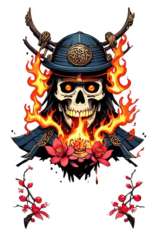 skeleton samurai face with flames coming out it's eyes and mouth and burning cherry blossoms tattoo design idea