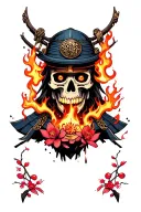 skeleton samurai face with flames coming out it's eyes and mouth and burning cherry blossoms tattoo design idea