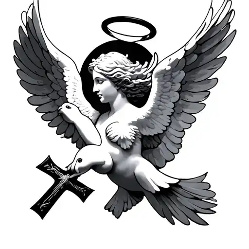 dove flying, angel with halo, 3 crosses tattoo design idea