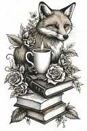 books, cup of coffee, fox made of autumn leaves, Hawaiian flowers, candle, rose  tattoo design idea
