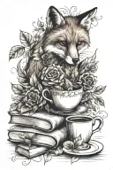 books, cup of coffee, fox made of autumn leaves, Hawaiian flowers, candle, rose  tattoo design idea