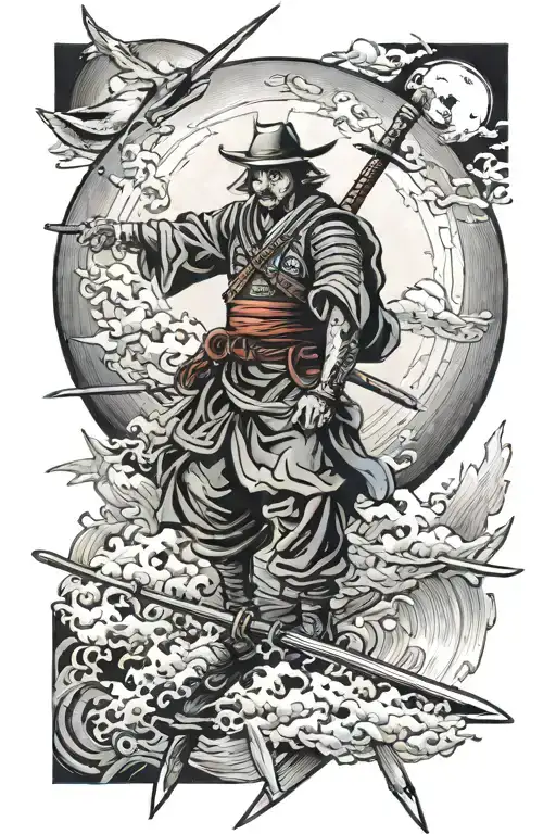 kamikaze plane, samurai, katana, full moon surrounded tattoo design idea