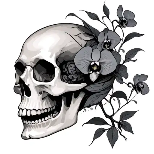 black and grey orchid vine wrapping through skull tattoo design idea