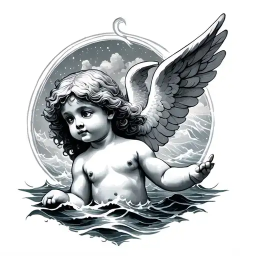 Cherub outline with the sea tattoo design idea