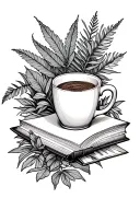 book with coffee cup surrounded by plants or erbs tattoo design idea