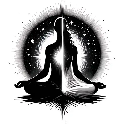 Silhouette in Meditation One half made of light or stars, the other dissolving—symbolizing ego death and spiritual awake tattoo design idea
