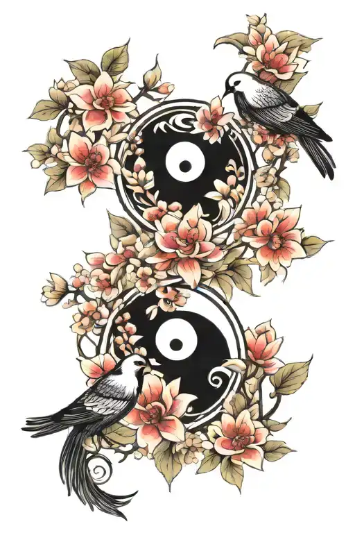 Yin Yang, birds, flower petals, spring tattoo design idea