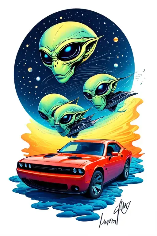 three aliens glide over the moon in a dodge challenger car tattoo design idea