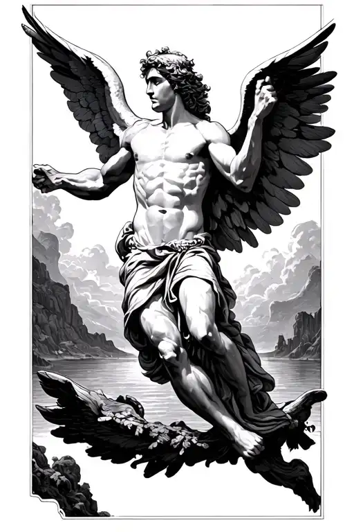 Greek myth Icarus falling, cut into manga panels tattoo design idea