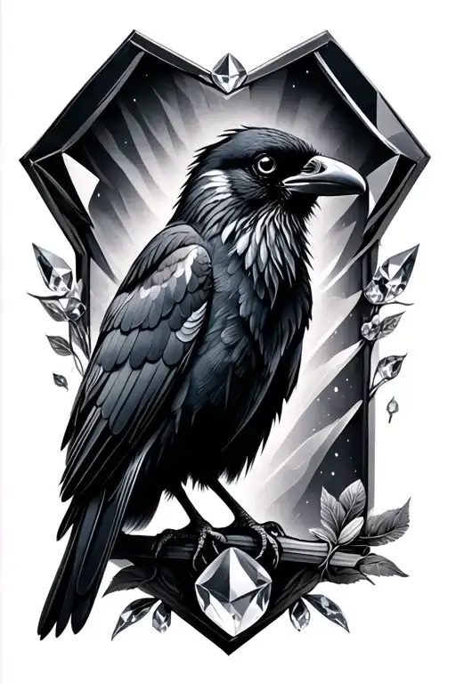 black and grey hyper-realistic style raven perched with jewelled background  tattoo design idea