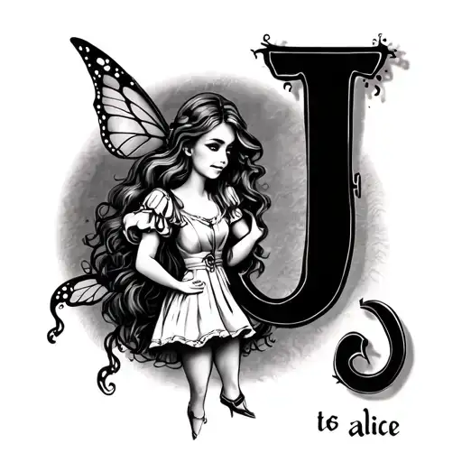 jack and Alice is script with spitfire with trail off the J and a fairy with trail off the e in alice. tattoo design idea