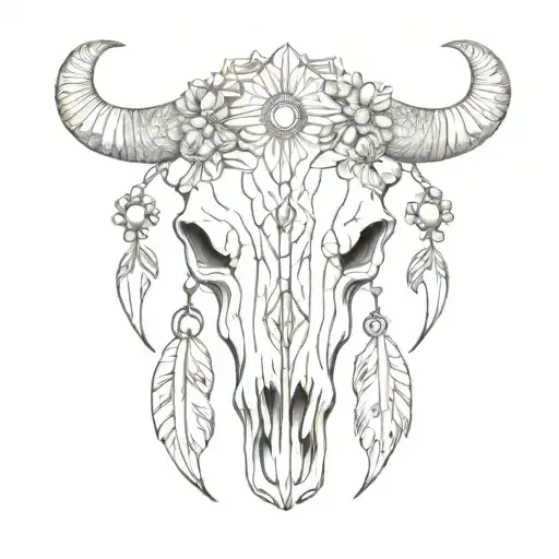 A minimalist tattoo of a buffalo skull adorned with intricate fashion accessories, symbolizing the intersection of fashion and nature tattoo design idea