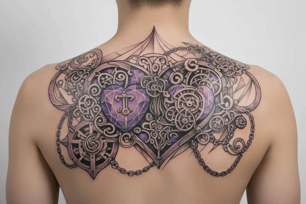 Massive womb tattoo with heart shape with lilac,chains,lock,keys and smaller heart patern,the tatto are covering pelvic  tattoo design idea