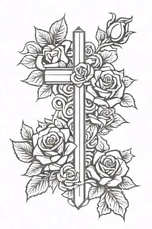 cross and roses intertwined tattoo design idea
