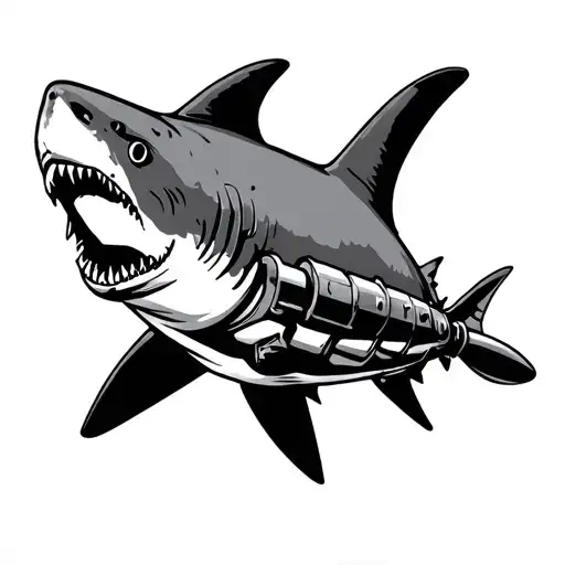 A shark that holds a torpedo and a round mine in the fins tattoo design idea