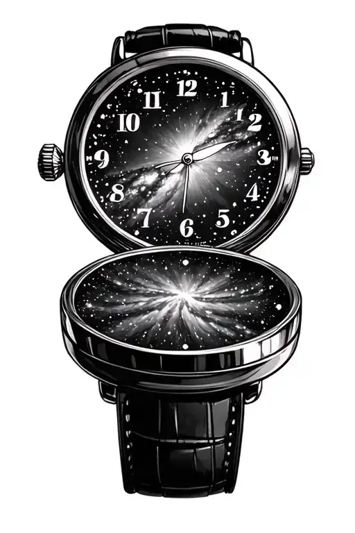 black and white themed open pockewatch with galaxy filled with stars tattoo design idea
