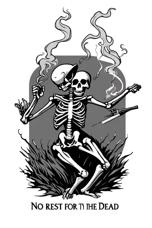 Text saying " No Rest for the Dead" with Smoking, Dancing Skeleton tattoo design idea