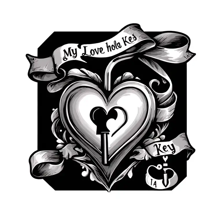 Black, gray, white heart shaped lock tattoo. With  the words, ‘My Love Holds the Key’ a ribbon using Victorian style scr tattoo design idea