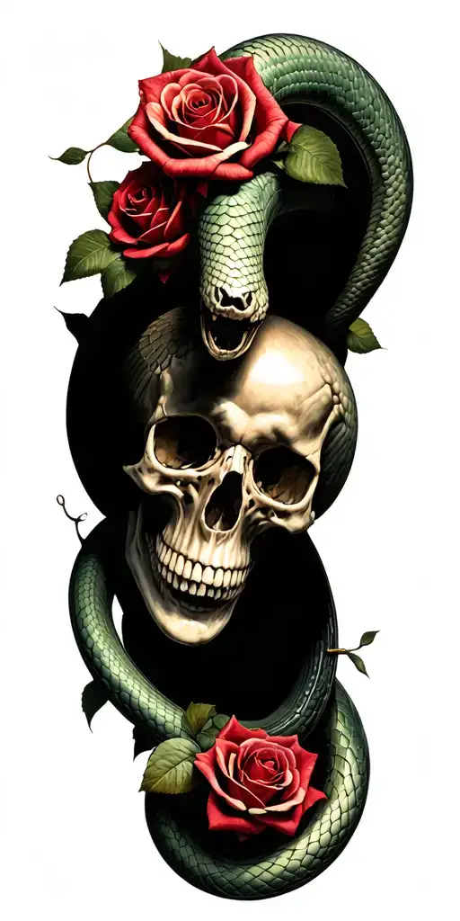 snake coming out of a skull surrounded by eithered roses tattoo design idea