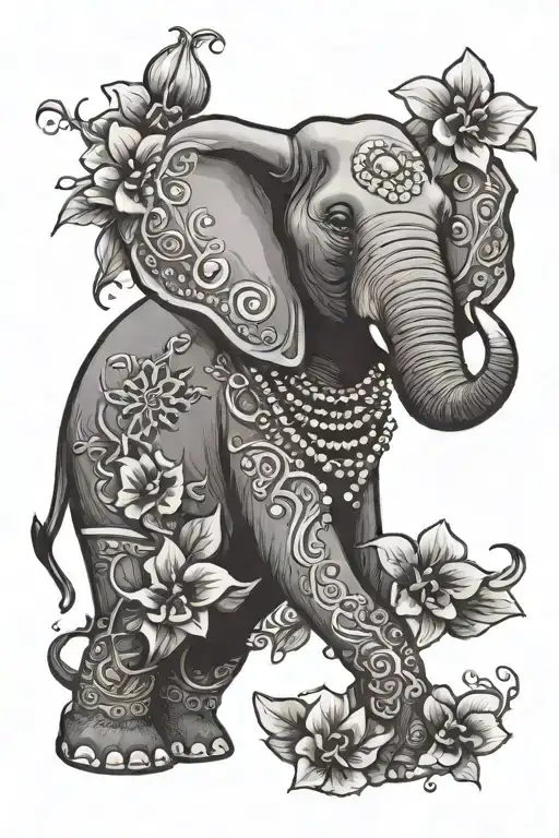 an elephant emerging from african violets with pearls throughout.  tattoo design idea