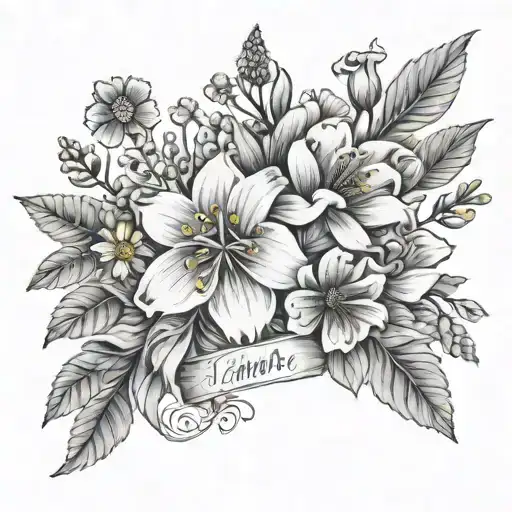 may birth flower bouquet with the name Kambrie and the date 05/20/2021 tattoo design idea