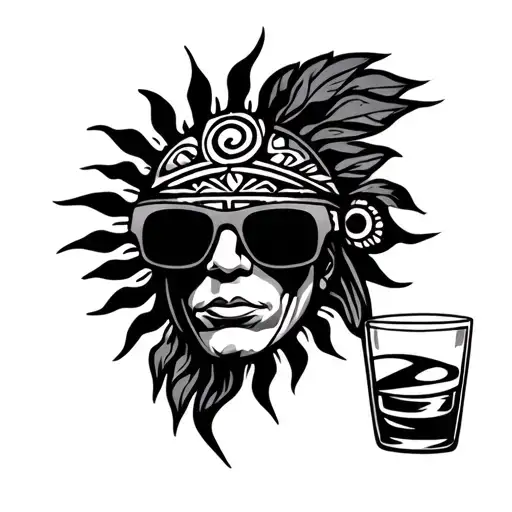 Inca tribal sun with Oakley sunglasses and drinking tattoo design idea
