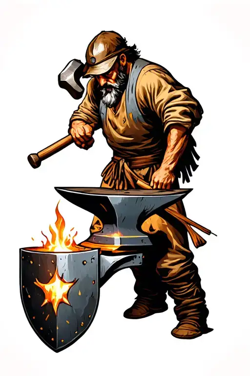 a blacksmith hits an anvil with a hammer. There is a shield at the bottom of the anvil. all elements go from bottom to top tattoo design idea