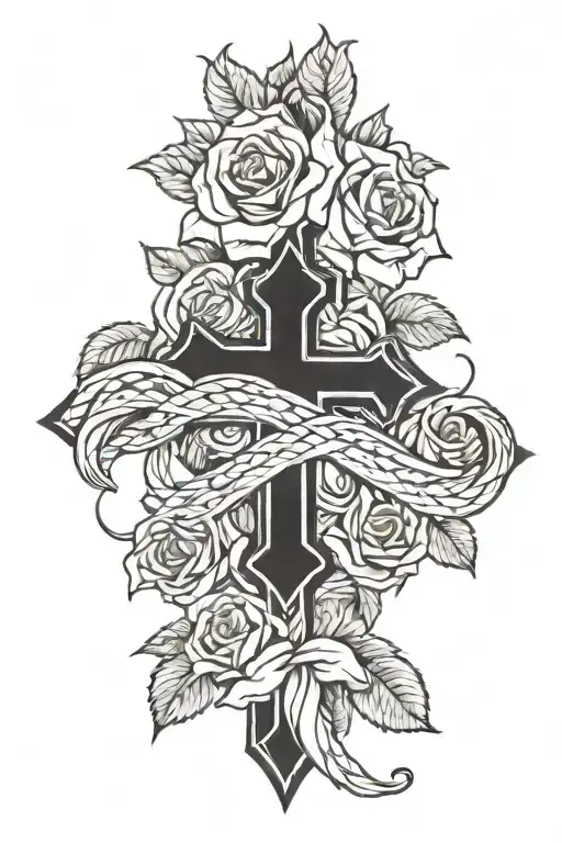 Cross with roses and a snake wrapped around the cross  tattoo design idea