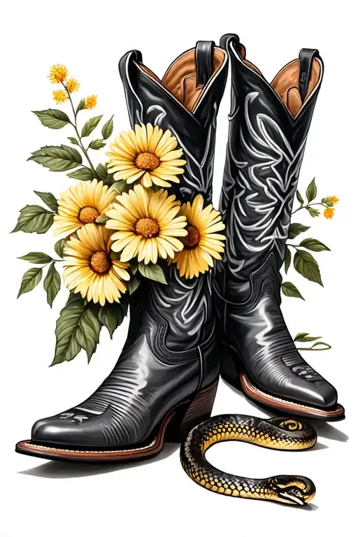 pair of cowboy boots, one standing with wattle flowerscoming out and the other boot laying down on its side with a snake tattoo design idea