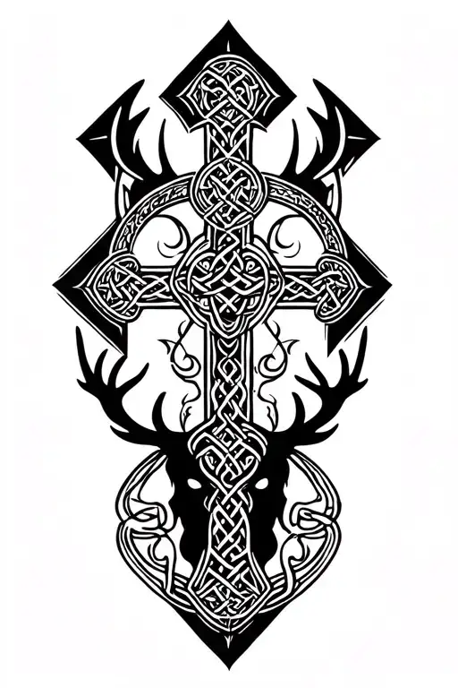 Celtic cross and warrior fighting stag tattoo design idea