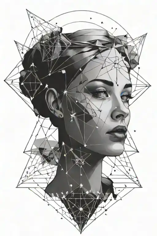 Geometrical design of hera's face with triangles and lines with constellation of cancer underneath her face  tattoo design idea
